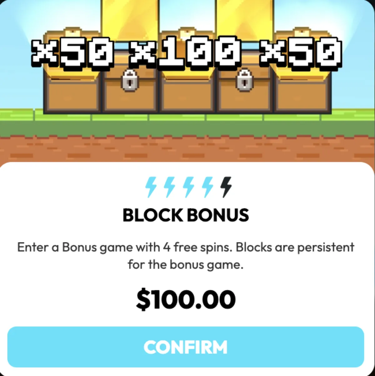 MineDrop block bonus screen with feature symbols and block-breaking bonus state
