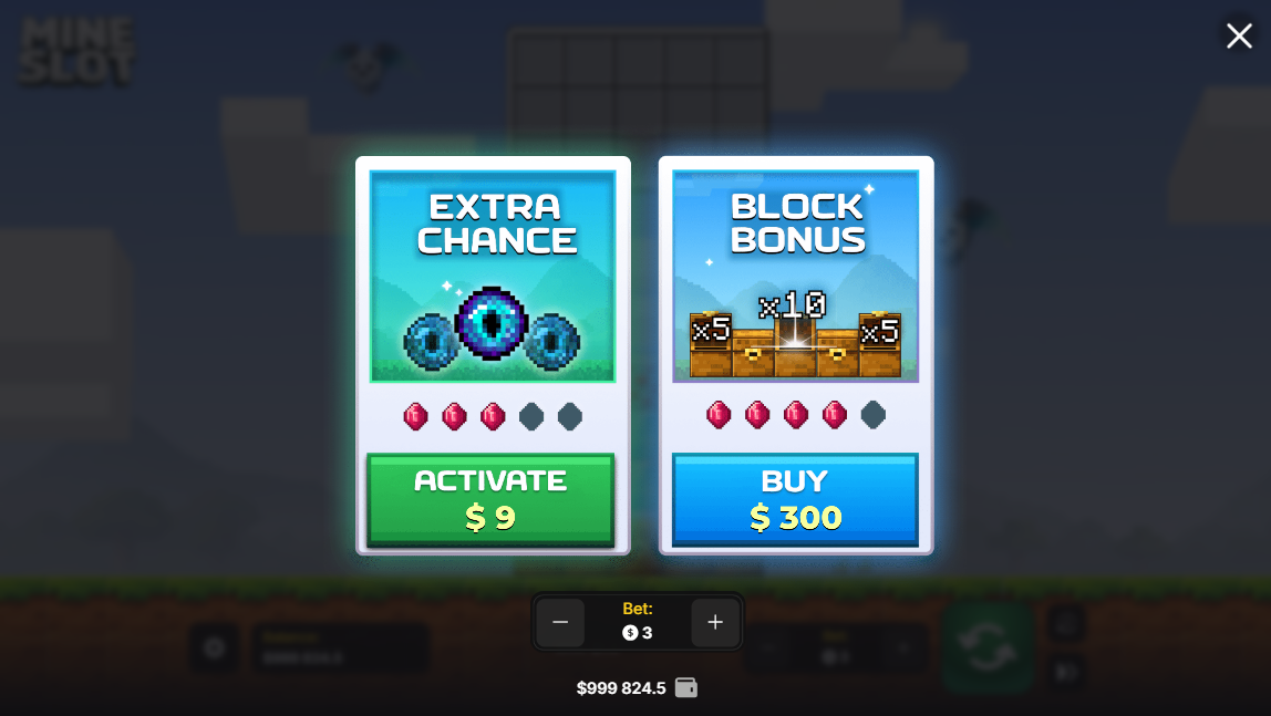 Mine Slot game interface with Extra Chance, Block Bonus, pixel mine board, and spin controls